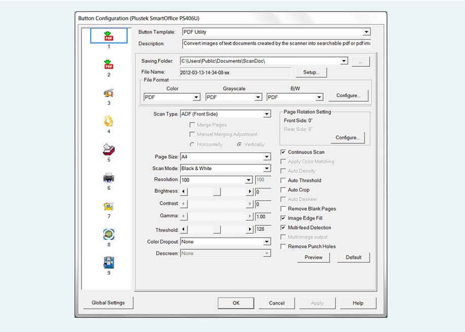 Plustek DocAction software for button configuration
