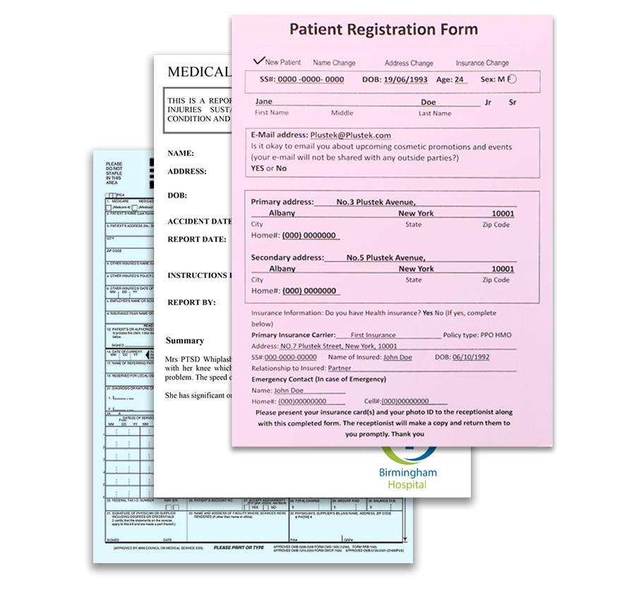 patient registration forms, insurance forms, consent forms and lab reports