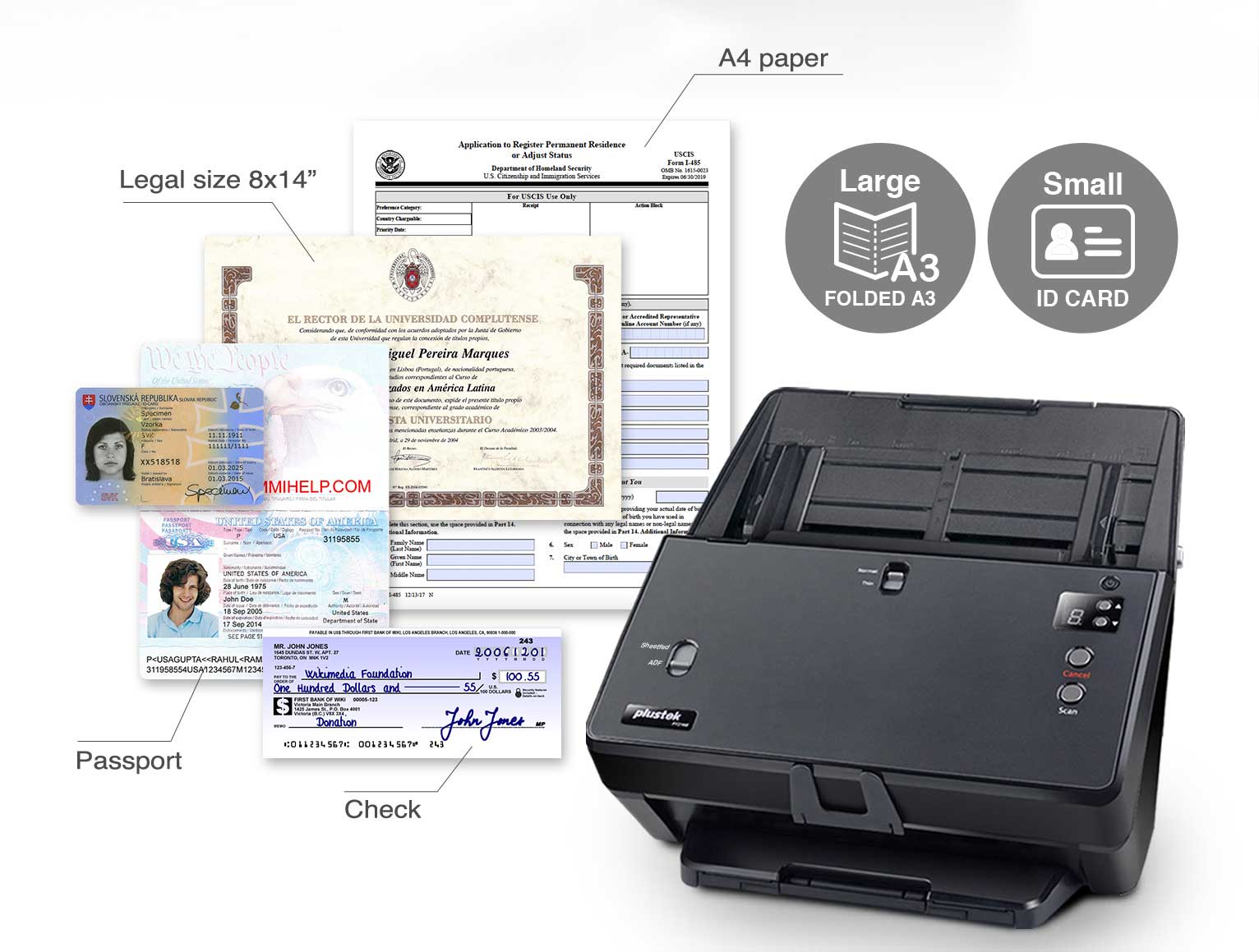 Scan document, passport, folded paper in one scanner