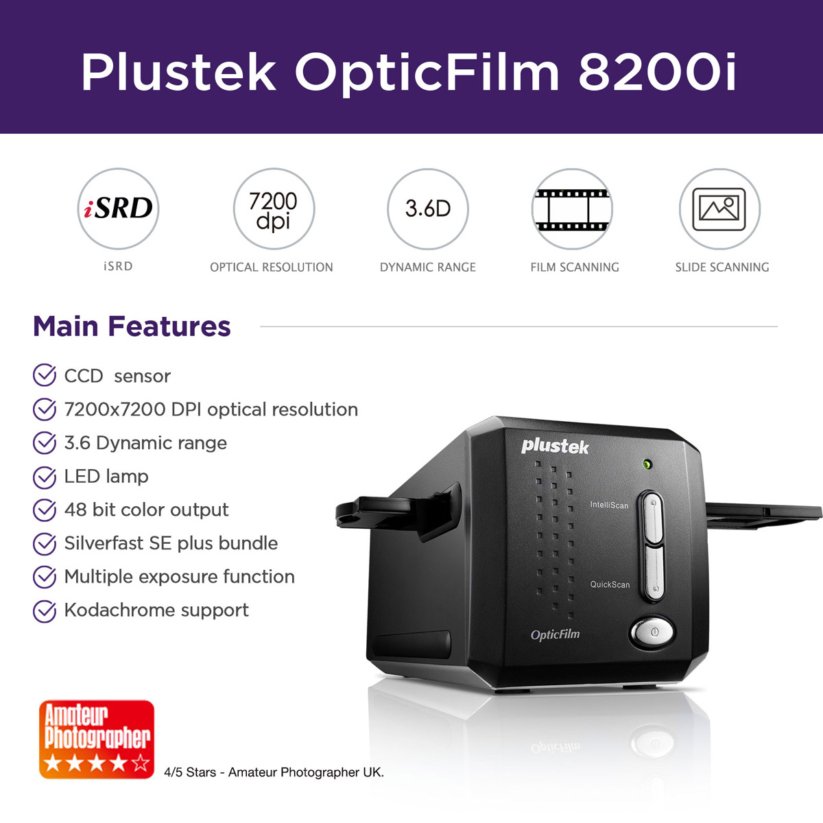 Escáner Plustek OpticFilm 8200I AI 36,8 x 25,4 mm, 7200 x 7200 dpi, 48 bit, Film/Slide, Negro, CCD Importado 