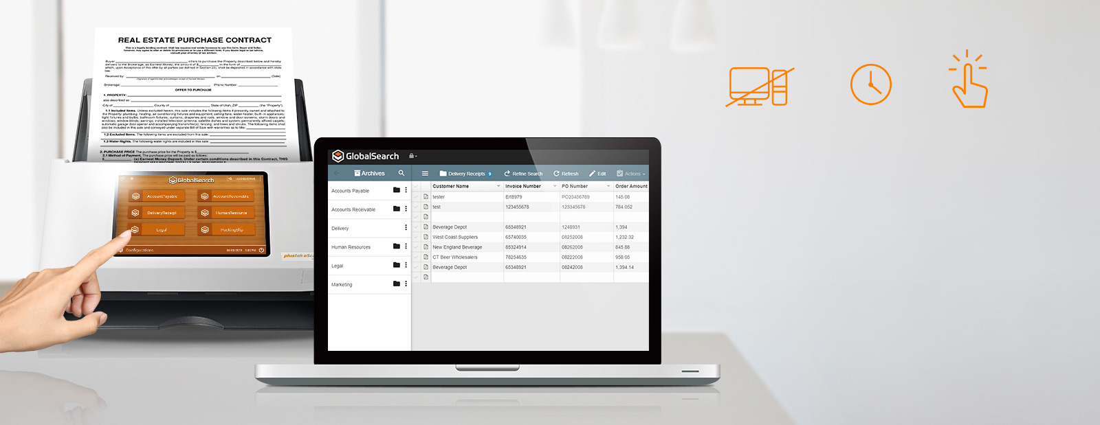 The Plustek eScan optimizes your GlobalSearch document management by letting you add your metadata directly to the scanned document,Scan, Check-in, Index documents in one simple process