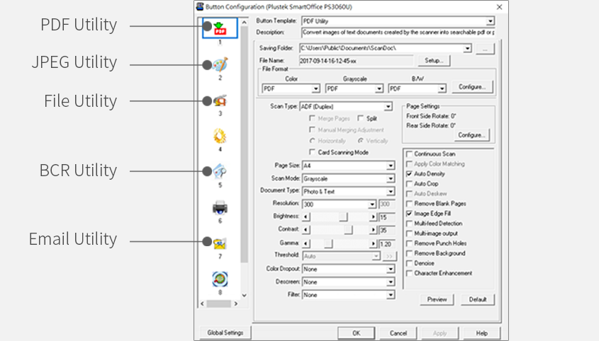 Plustek Docaction enables you personalized scanning settings