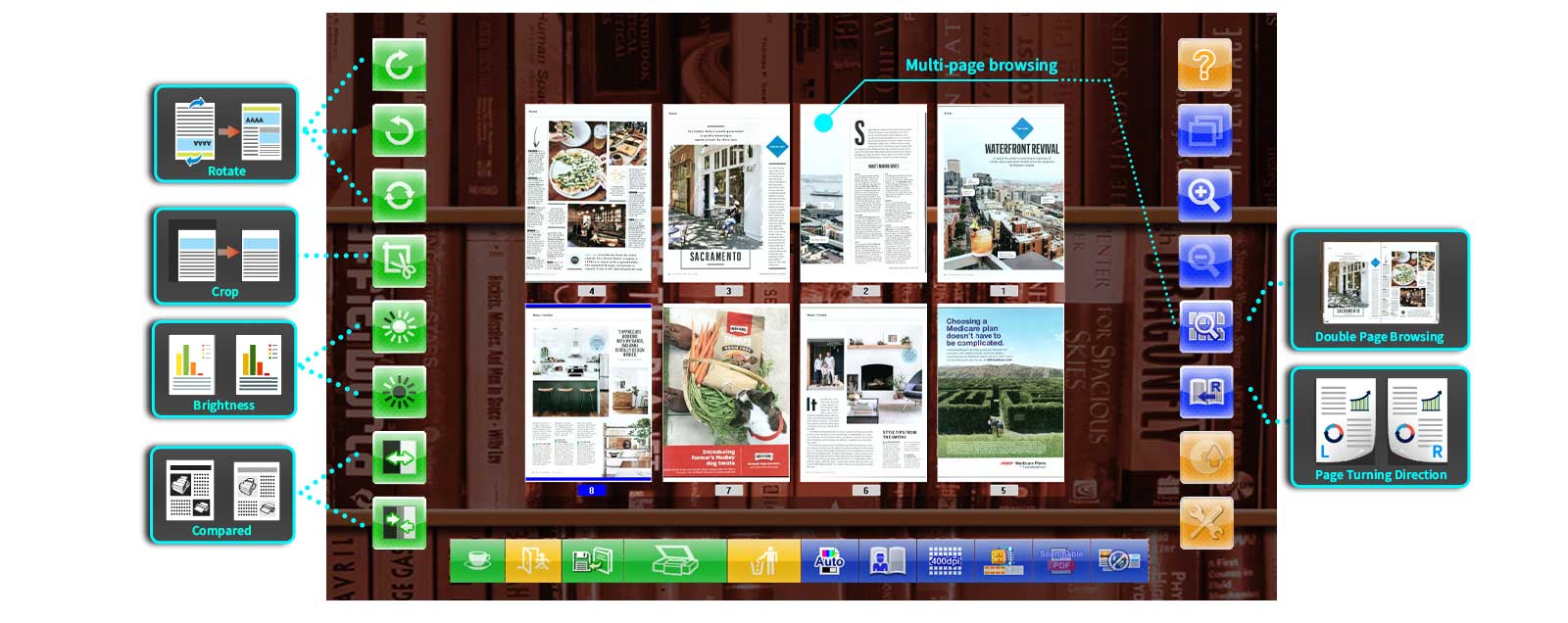 eBookScan直感的なインターフェイ eBookScan直感的なインターフェイスインスタントプレビュー、ページ順序のドラッグアンドドロップ。