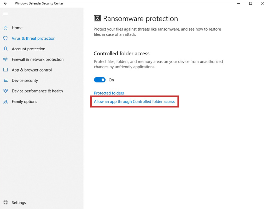 select Allow an app through Controlled folder access