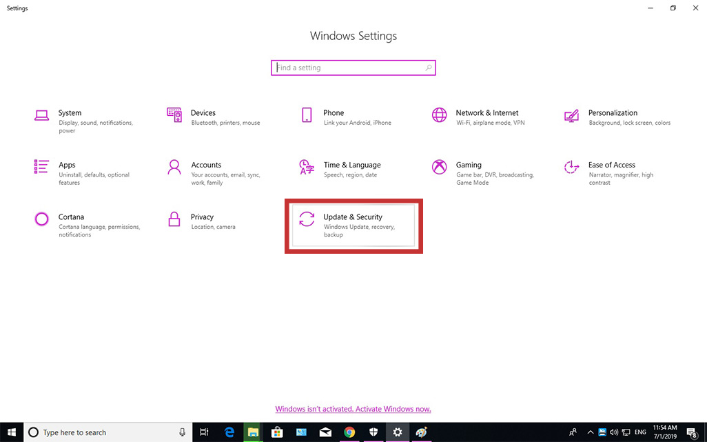 Go to Windows Settings and choose Update & Security