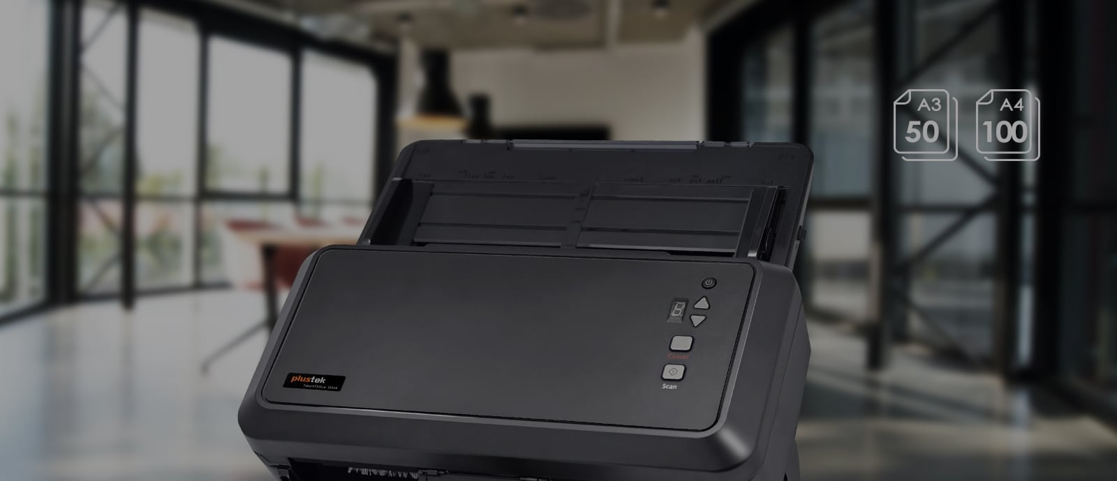 High-capacity scanner capable of scanning up to 50 A3 pages or 100 A4 pages for batch scanning