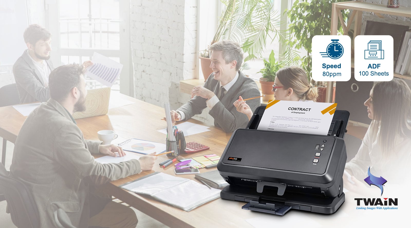 Scanner with a speed of 80 pages per minute, capable of scanning up to A3 size, and TWAIN compliant