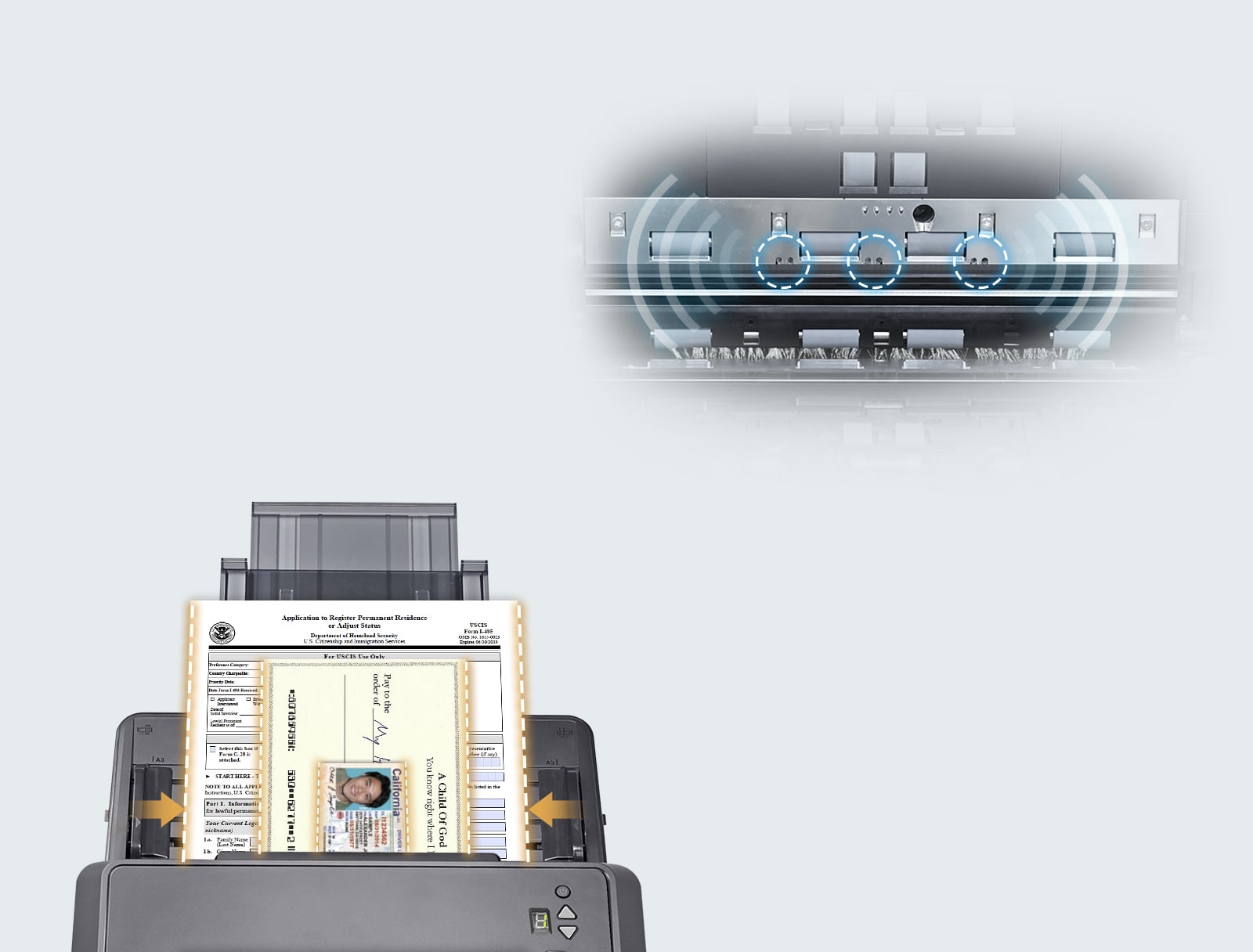 ultrasonic_multifeed_detection,Various types of documents including a booklet, stapled documents, a passport, a folded document, and a document with notes