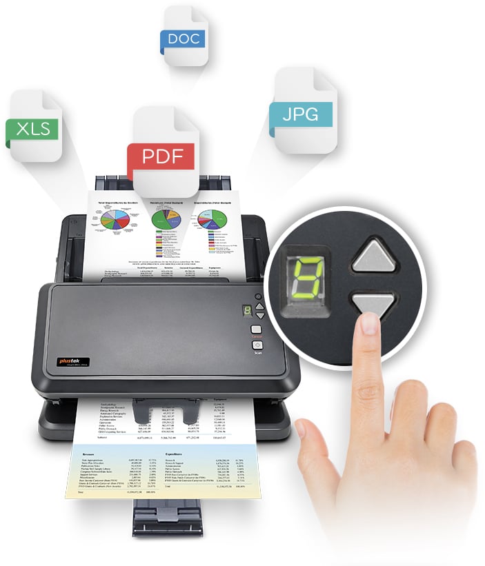 LED number indicator for scanner buttons 1-9, each representing a unique scan profile with functions like email sending, file saving, copying, FTP or folder storage, or third-party application integratio