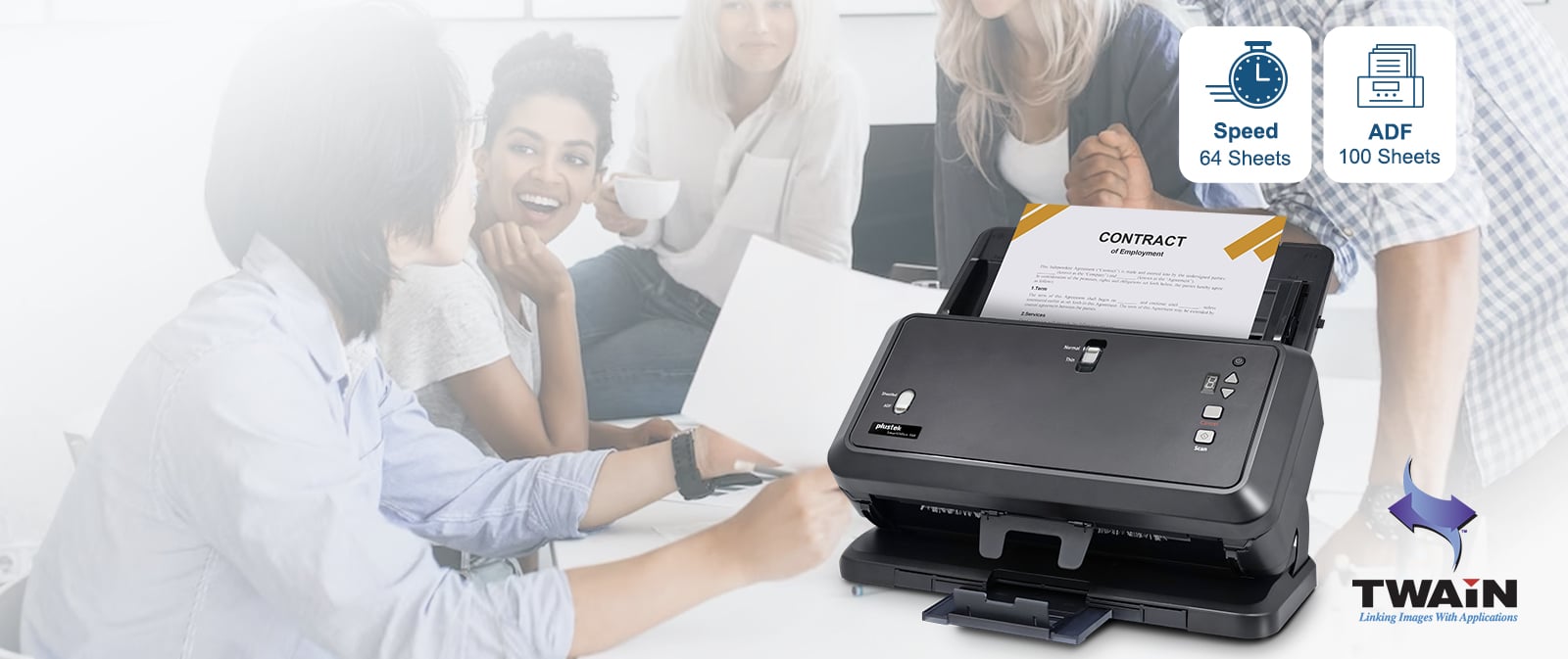 Scanner with a speed of 64 pages per minute, capable of scanning up to A3 size, and TWAIN compliant