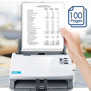 Người dùng đặt giấy vào máy quét SmartOffice PT600 với biểu tượng dung lượng ADF 100 tờ.