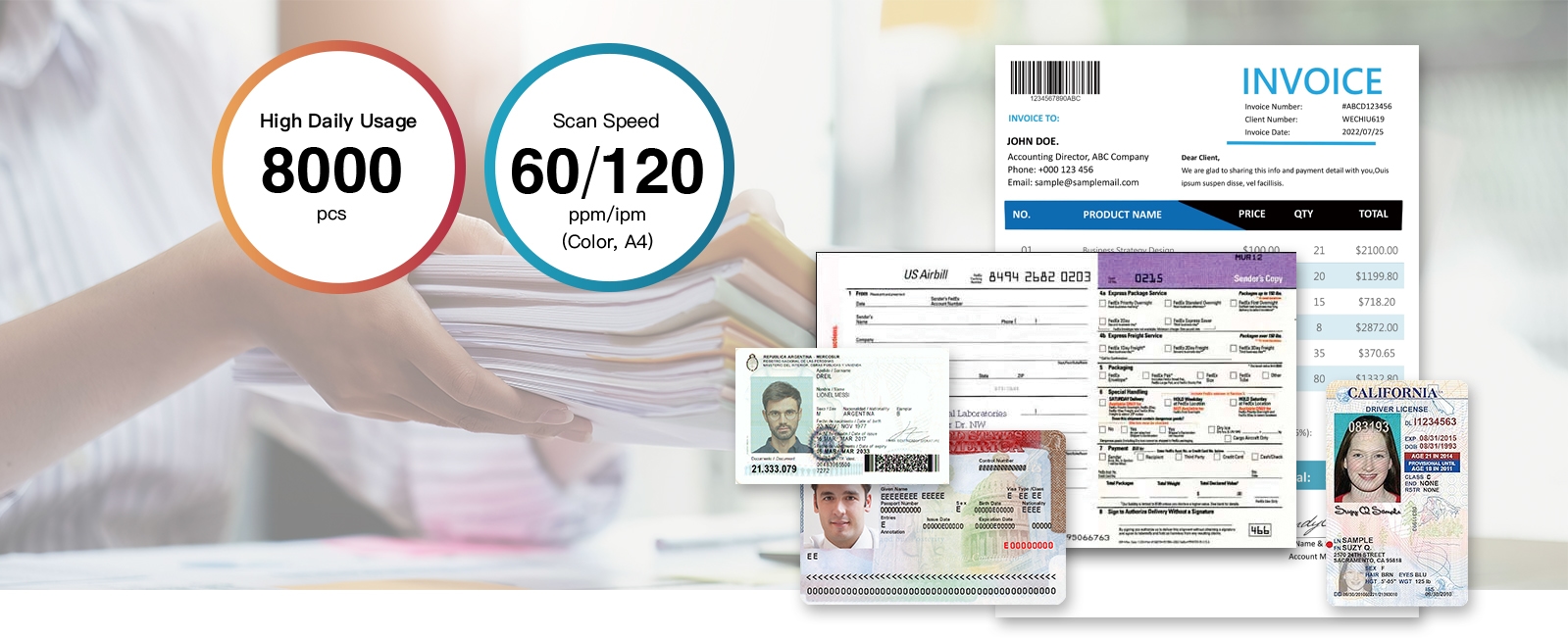 Quét thẻ ID và hóa đơn với chỉ báo số lượng sử dụng hàng ngày 8000 và tốc độ quét 60/120.