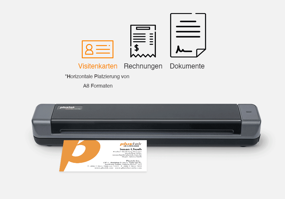 Der MobileOffice S410 Plus scannt mühelos Dokumente bis zu einer Größe von A4 sowie Visitenkarten, Plastikausweise, Rechnungen und Quittungen.  