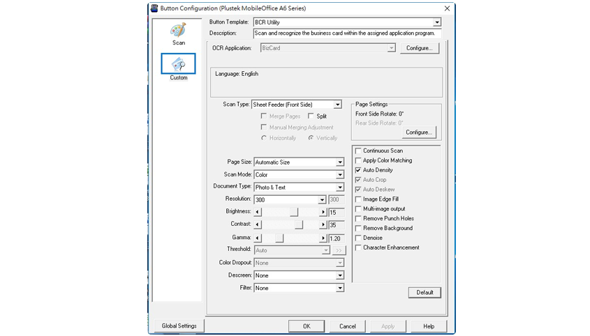 Plustek Docaction enables you personalized scanning settings