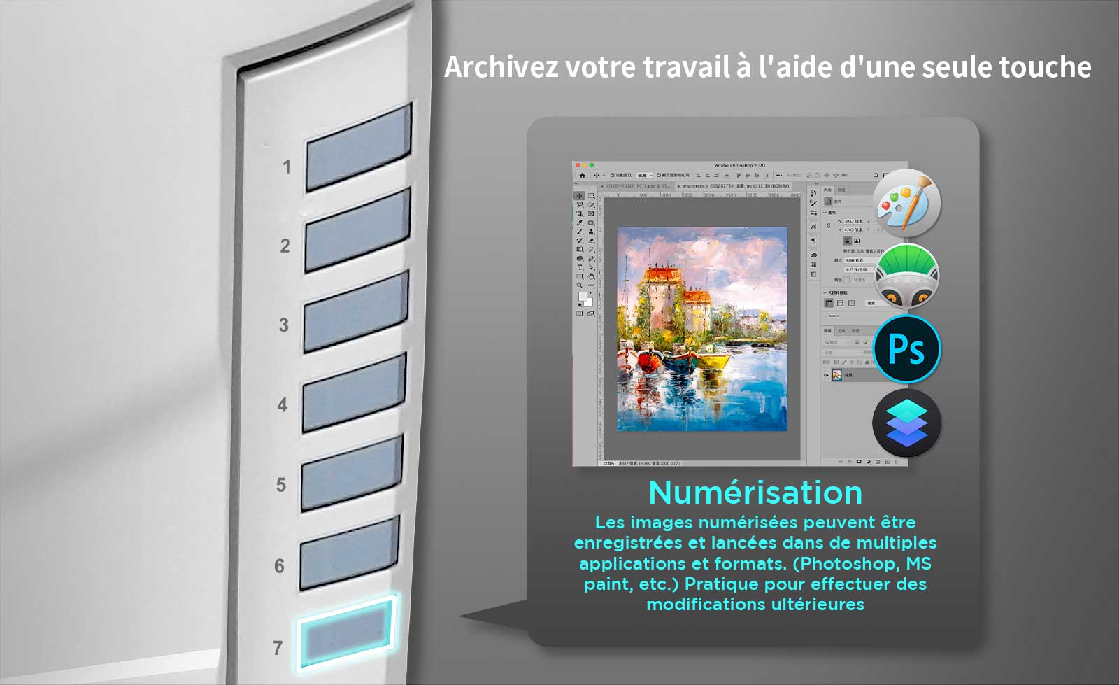 Bouton de numérisation : Numérisez et envoyez votre image vers le logiciel d'édition sélectionné, tel Print ou Photoshop.