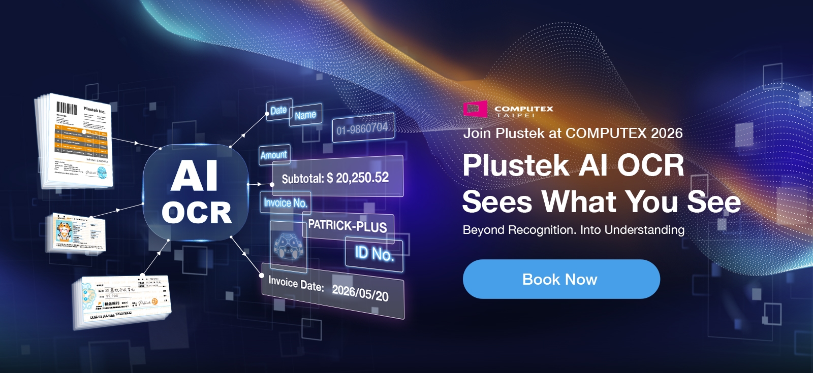 Plustek AI OCR and AI Scan solutions banner for COMPUTEX Taipei 2026 Booth Q0116