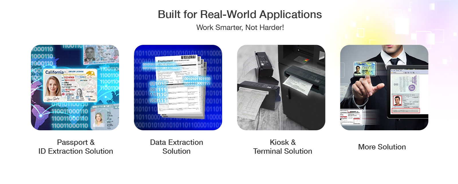 Passport and ID Data Extraction Solution,Document Data Extraction Solution,Kiosk and Terminal Scanning Solution,More Solution