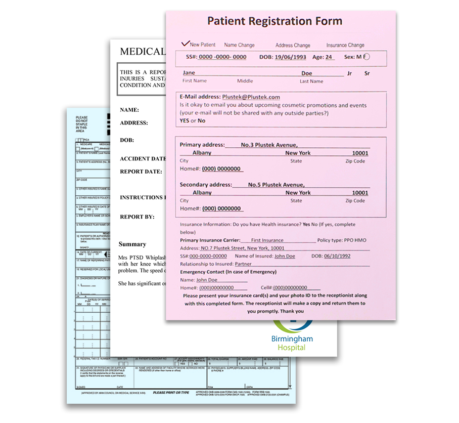patient registration form, insurance form and medical report