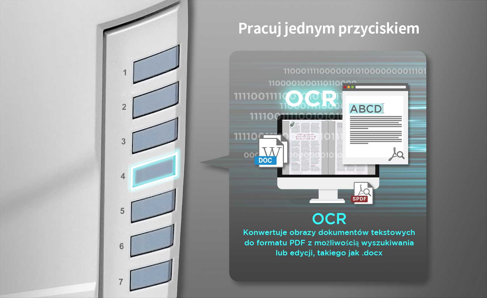 Przycisk OCR — funkcja optycznego rozpoznawania znaków, która umożliwia generowanie plików w formacie do edycji i wyszukiwania, np. Word lub PDF z możliwością wyszukiwania.