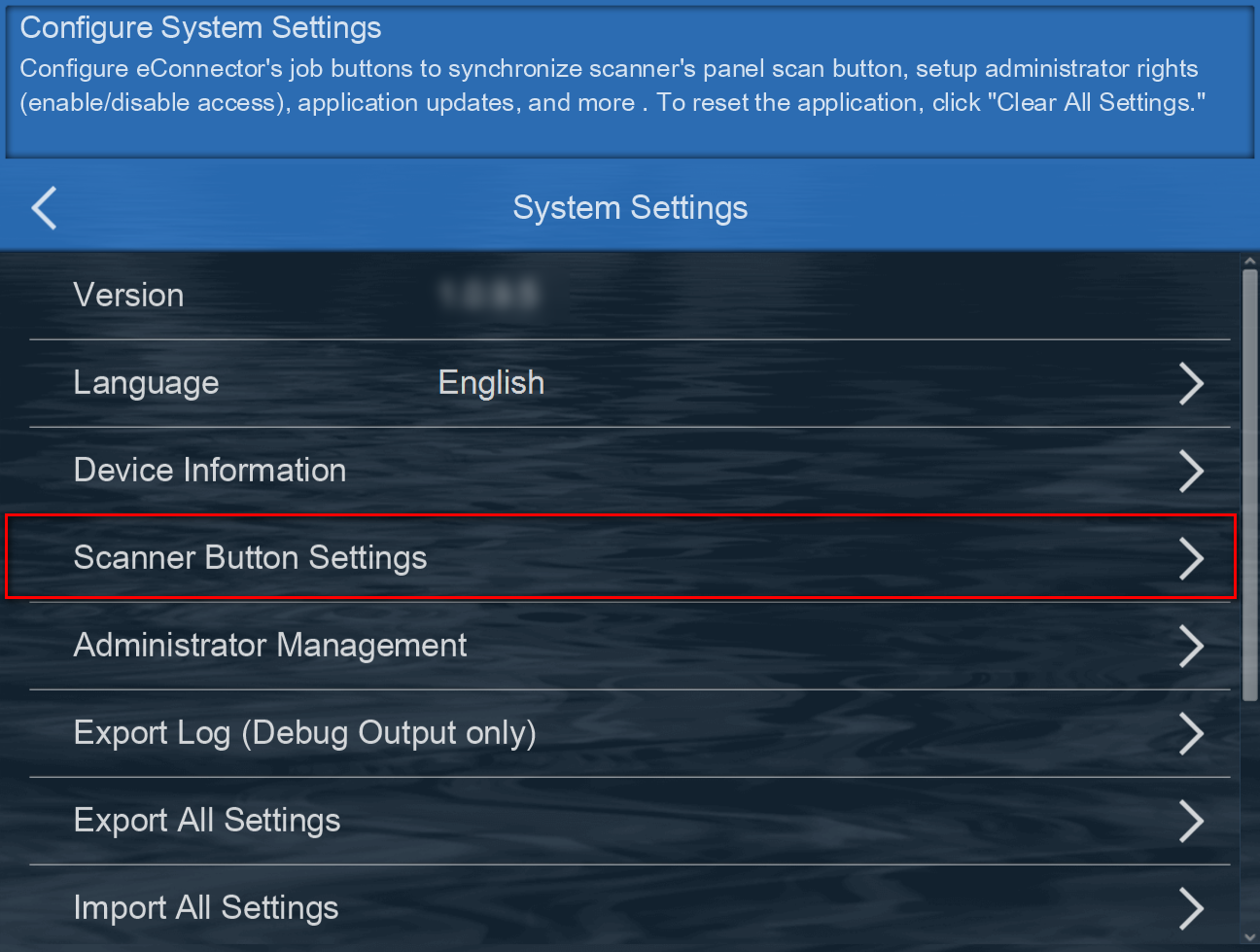 System Settings- select scanner button settings