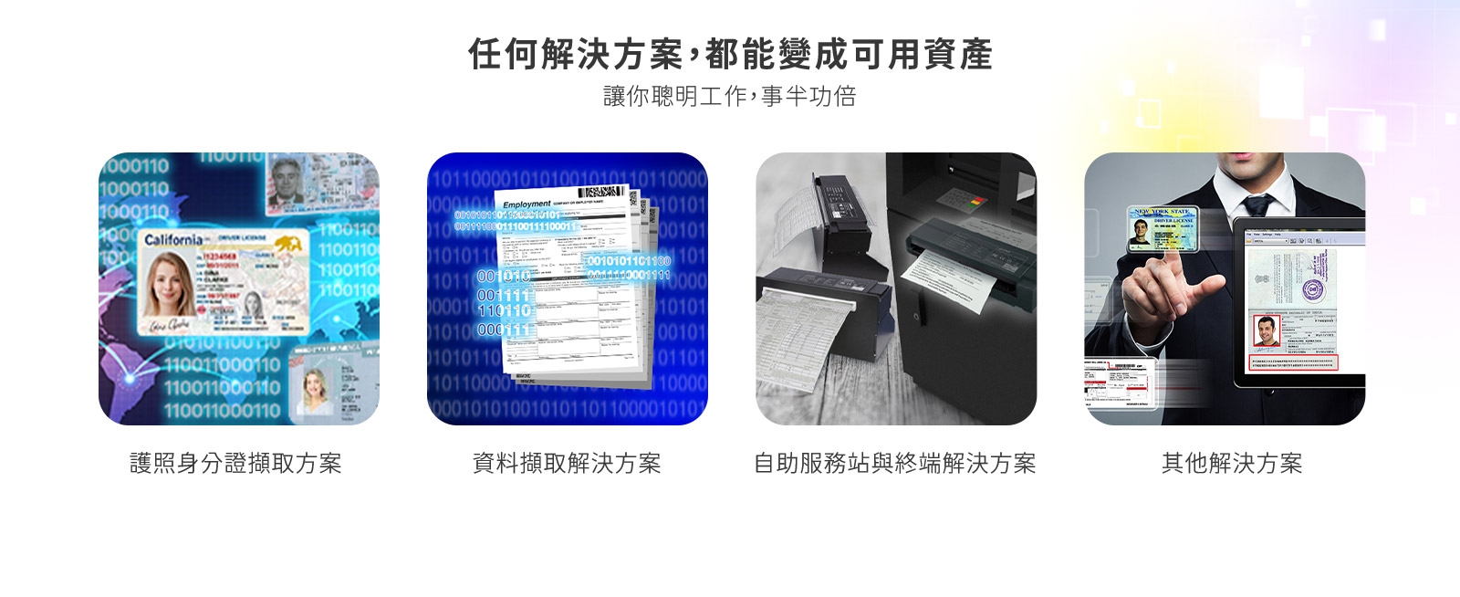 證件與身分資料擷取方案,文件資料擷取解決方案,自助服務與終端掃描方案,其他解決方案
