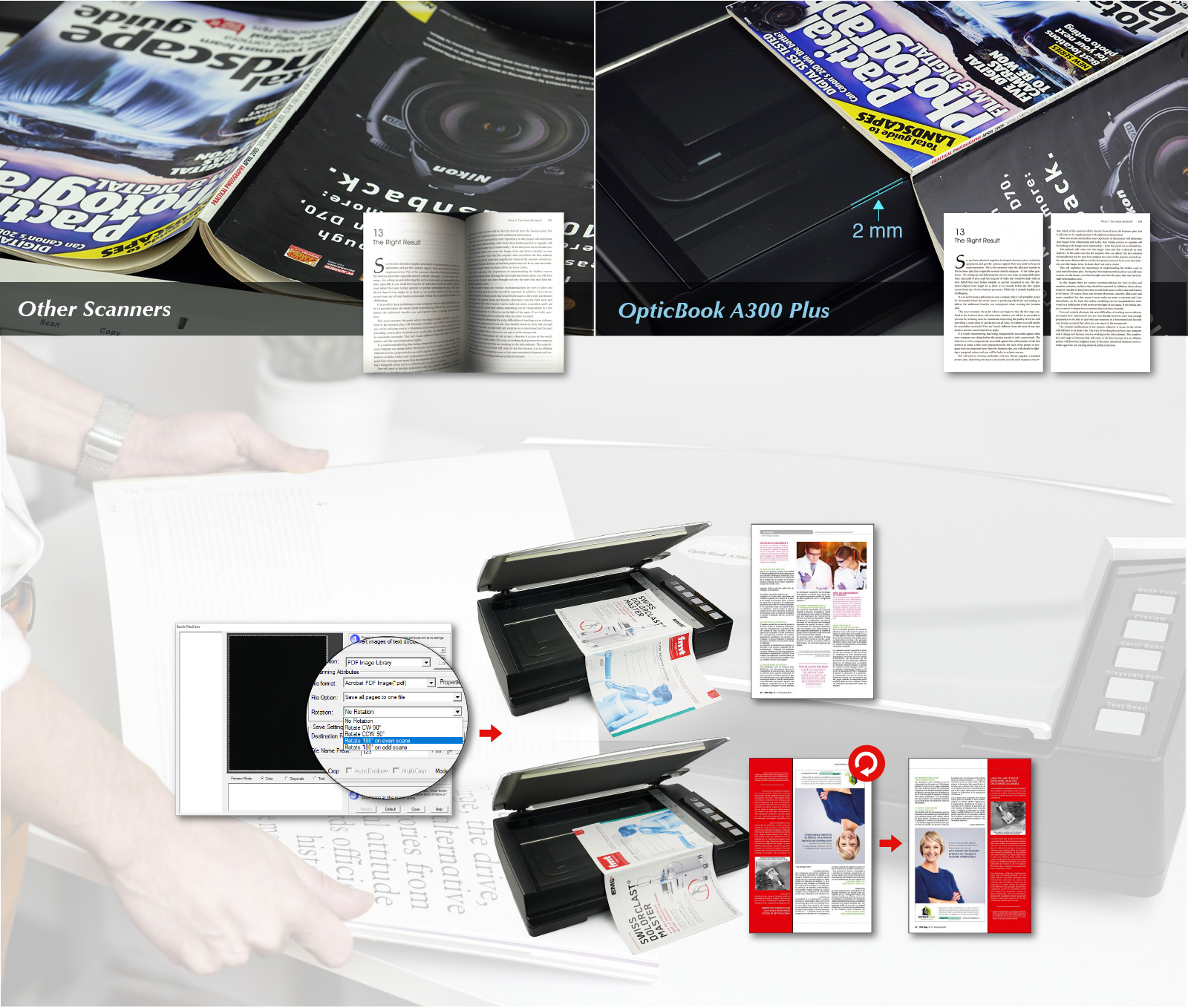 Other scanner may cause shadow,special book edge design,scan your book without manually tapping and rotate