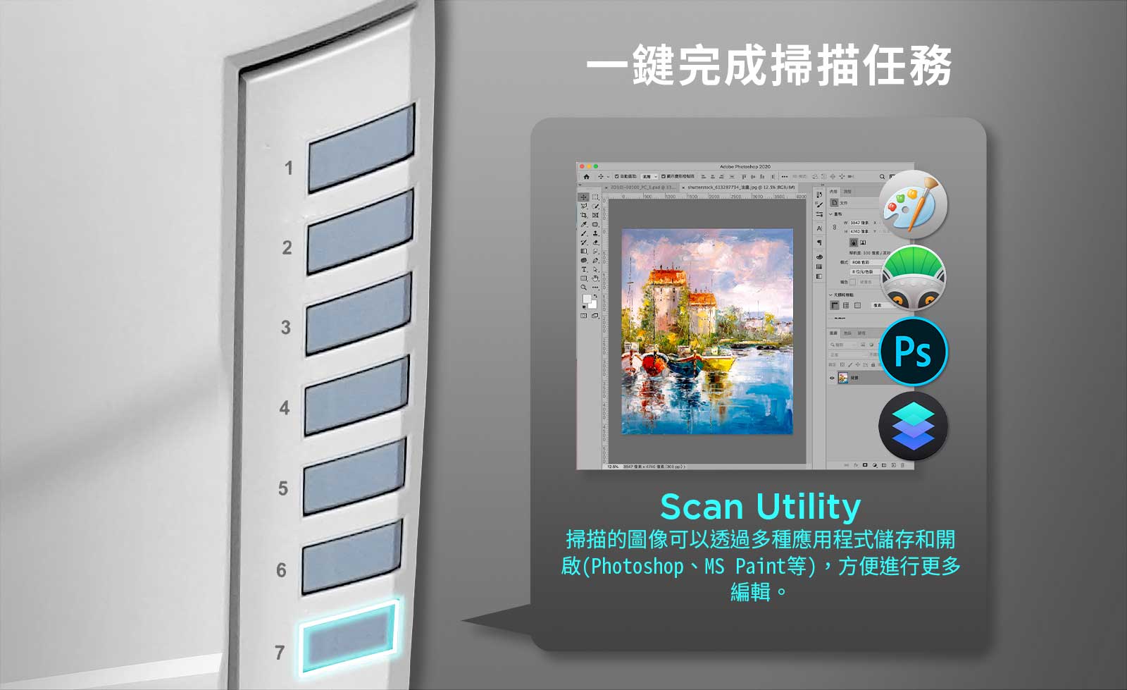 掃描按鈕：掃描圖像並將其傳送到所選的編輯軟體，例如 Print 或 Photoshop。 