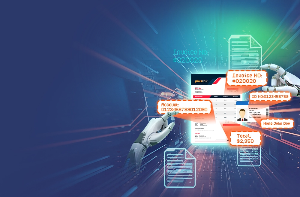 Plustek showcases intelligent document workflow solutions at CES 2026 in Las Vegas. The image features a futuristic robotic hand scanning invoices and automating data extraction with AI, displaying fields like invoice number, account, and total amount.