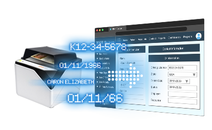 Plustek SecureScan X-Cube scanner performing fast ID data extraction with cross-platform compatibility and kiosk-friendly integration for secure and rapid transfer.