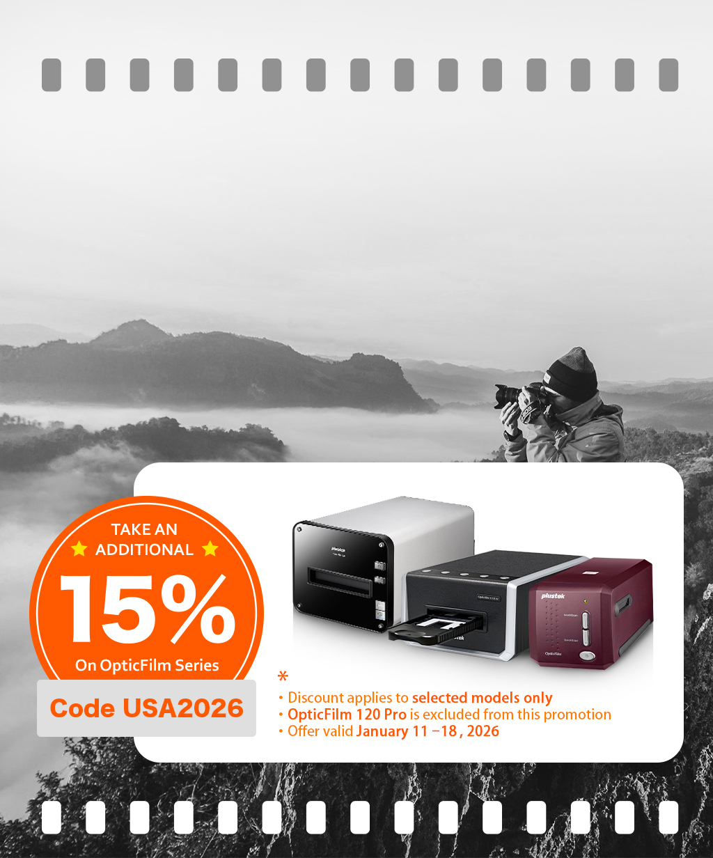 Promotional banner for Plustek at IMAGING USA 2026, featuring a 15% discount on OpticFilm series scanners. Includes models displayed and discount code USA2026.